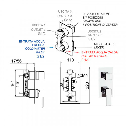Смеситель для душа Remer Qubica Q937 Хром латунь встраиваемый