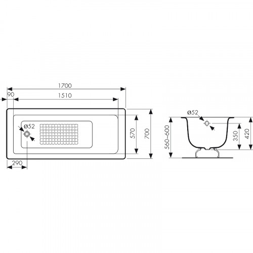 Чугунная ванна Kaiser 170х70 КВ-1606 с антискользящим покрытием