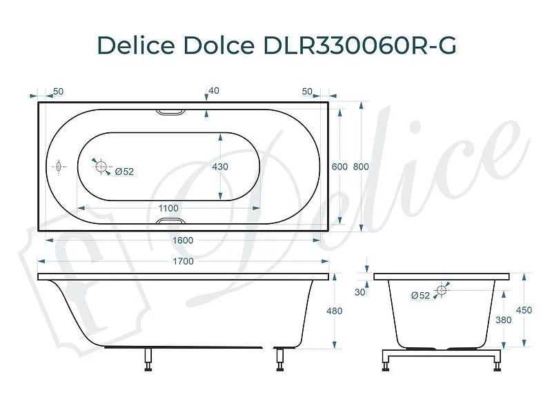 Ванна из искусственного камня Delice Dolce 170х80 DLR330060R-G цвет Белый глянцевый с ручками Хром