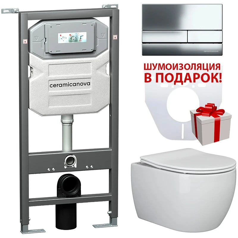 Комплект унитаза с инсталляцией Ceramicanova Metric CN3007_1002CH_1000 с сиденьем Микролифт и клавишей смыва Хром фарфор подвесной
