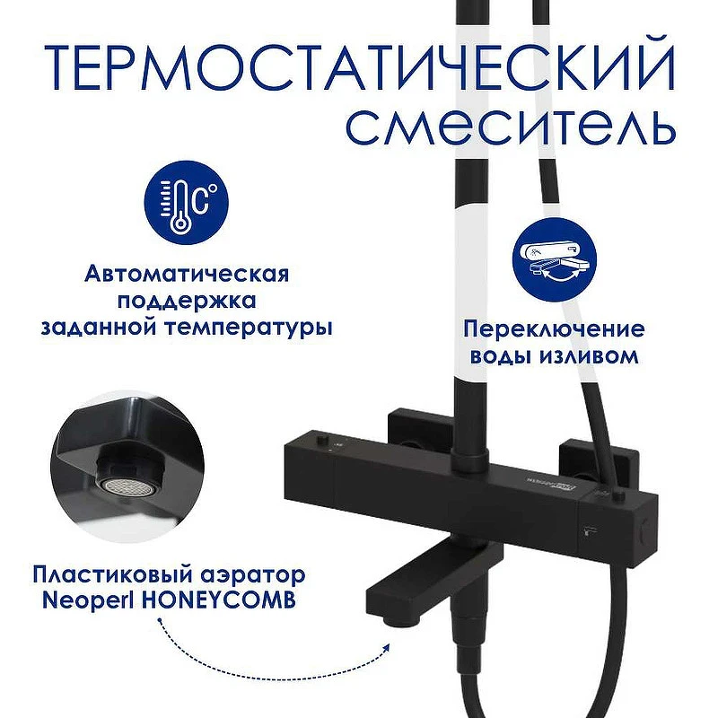 Душевая система WasserKRAFT A299.255.218.BM Thermo с термостатом Черная матовая латунь на стену