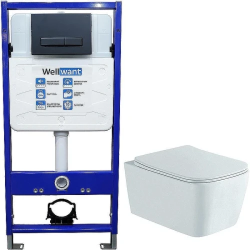 Унитаз с инсталляцией Aquatek Либра New AQ1148N-00 + WellWant Standart 50 WWISI111BB с сиденьем Микролифт и Черной матовой клавишей смыва