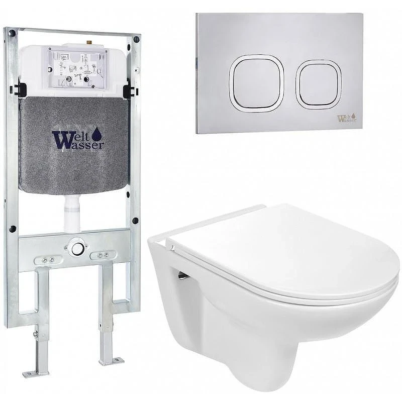 Комплект унитаза с инсталляцией WeltWasser AMBERG 497 ST + BAARBACH 004 GL-WT + AMBERG RD-MT CR 10000006681 цвет Белый глянцевый с сиденьем Микролифт и клавишей смыва цвет Хром матовый