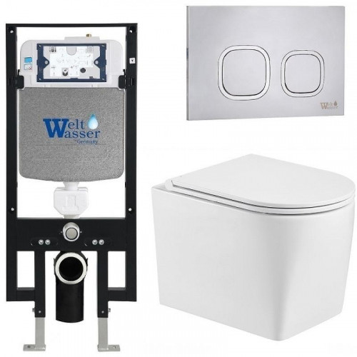Комплект унитаза с инсталляцией WeltWasser AMBERG 497 + NESENBACH 004 GL-WT + AMBERG RD-MT CR 10000008926 цвет Белый глянцевый с сиденьем Микролифт и клавишей смыва цвет Хром матовый