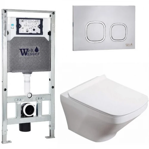 Комплект унитаза с инсталляцией WeltWasser AMBERG 506 ST + HOFBACH 041 GL-WT + AMBERG RD-MT CR 10000011664 цвет Белый глянцевый с сиденьем Микролифт и клавишей смыва цвет Хром матовый