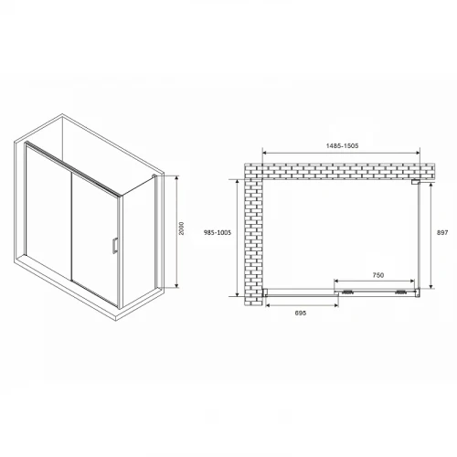 Душевой уголок Abber Komfort 150x100 AG93150B-S102B профиль Черный стекло прозрачное
