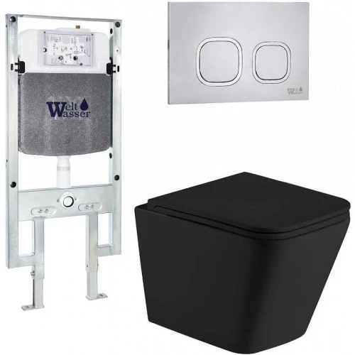 Комплект унитаза с инсталляцией WeltWasser AMBERG 497 ST + GELBACH 043 MT-BL + AMBERG RD-MT CR 10000011982 цвет Черный матовый с сиденьем Микролифт и клавишей смыва цвет Хром матовый