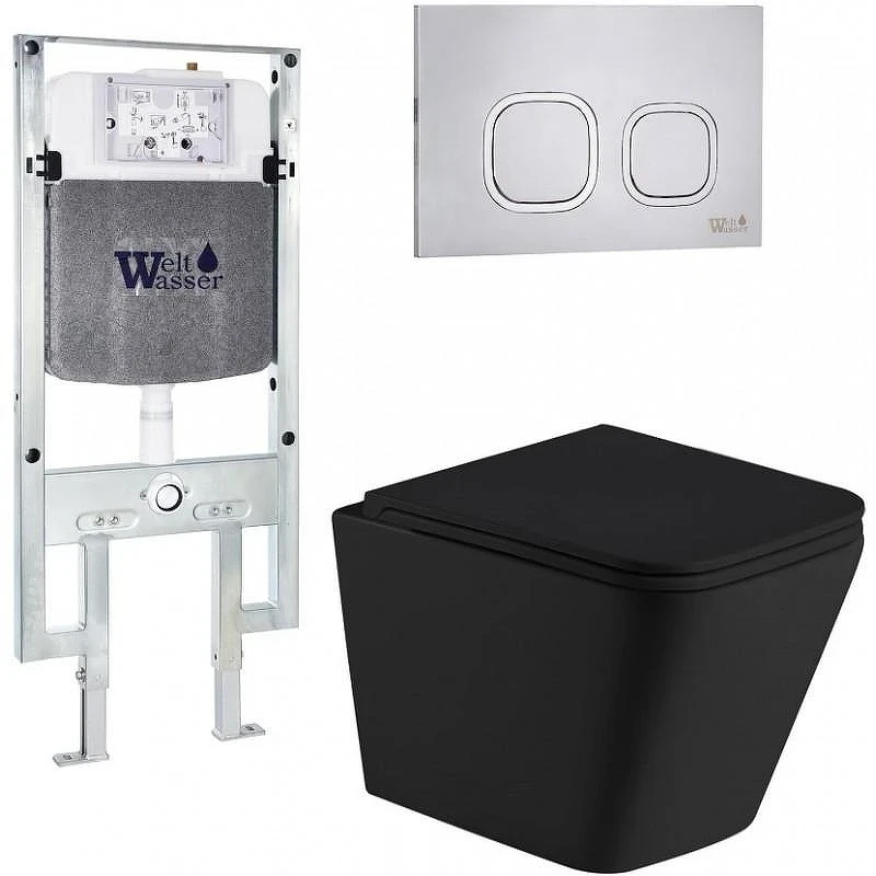 Комплект унитаза с инсталляцией WeltWasser AMBERG 497 ST + GELBACH 043 MT-BL + AMBERG RD-MT CR 10000011982 цвет Черный матовый с сиденьем Микролифт и клавишей смыва цвет Хром матовый