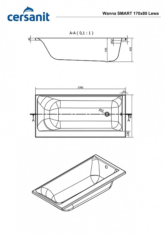 Акриловая ванна Cersanit Smart 170x80 L 63350 без гидромассажа