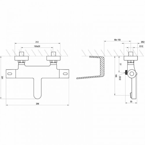 Смеситель для ванны Ravak Termo 300 TE 023.00/150 X070097 с термостатом Хром латунь на стену