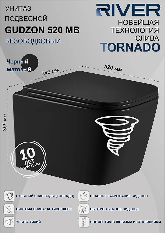 Унитаз подвесной River Gudzon 520 MB 10000014211 цвет Черный матовый с сиденьем Микролифт