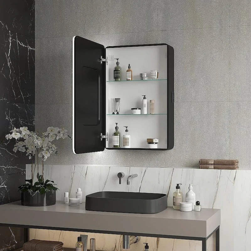 Зеркальный шкаф Reflexion Black 560х850 RF2001BL с подсветкой Черный матовый