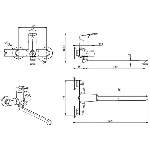 Смеситель для ванны Aquatek Вега AQ1042MB универсальный Черный матовый латунь на стену