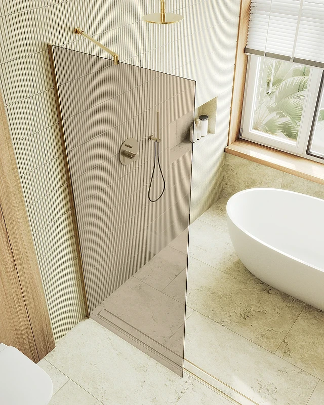 Душевая перегородка Maybah Glass MGD-702-3ш 690x1950 в широком профиле Золото стекло бронзовое