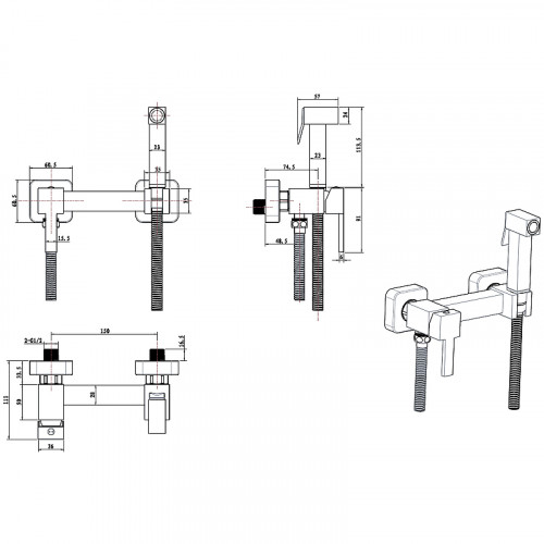 Гигиенический душ со смесителем CeramaLux DBS/001 Черный матовый латунь на стену