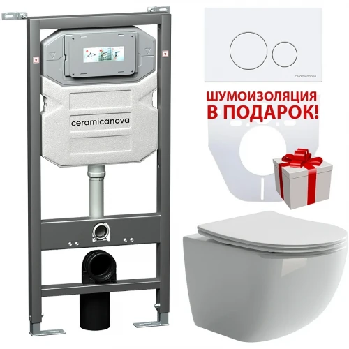 Комплект унитаза с инсталляцией Ceramicanova Forma CN3009_1001W_1000 с сиденьем Микролифт и Белой клавишей смыва фарфор подвесной