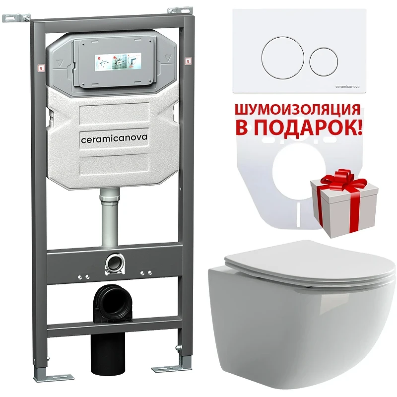 Комплект унитаза с инсталляцией Ceramicanova Forma CN3009_1001W_1000 с сиденьем Микролифт и Белой клавишей смыва фарфор подвесной