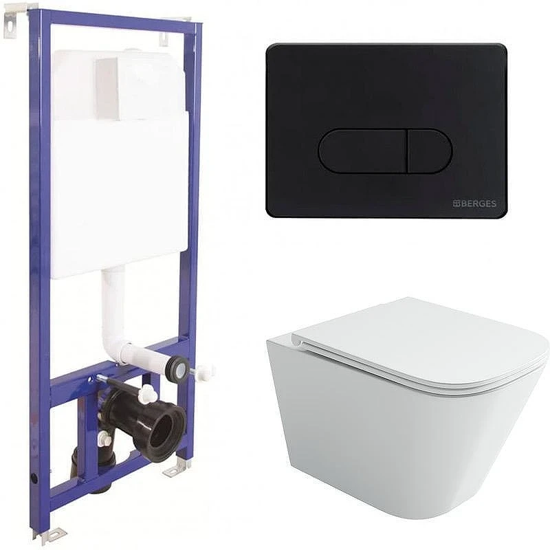 Унитаз с инсталляцией Ceramicanova Union CN4009T + Berges Novum D5 040235 с сиденьем Микролифт и Черной матовой клавишей смыва