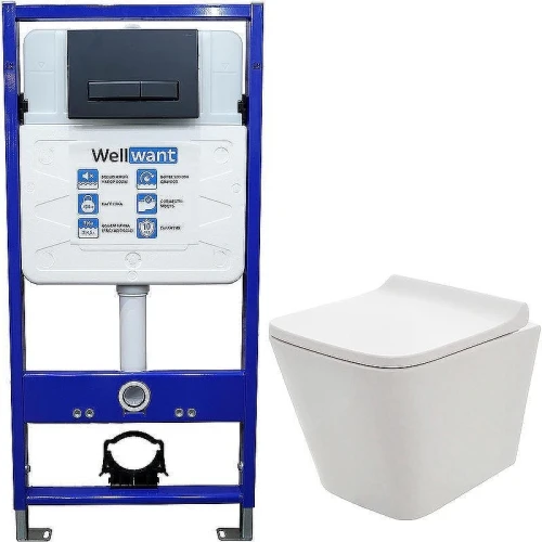 Унитаз с инсталляцией AQUAme AQM2004 + WellWant Standart 50 WWISI111BB с сиденьем Микролифт и Черной матовой клавишей смыва