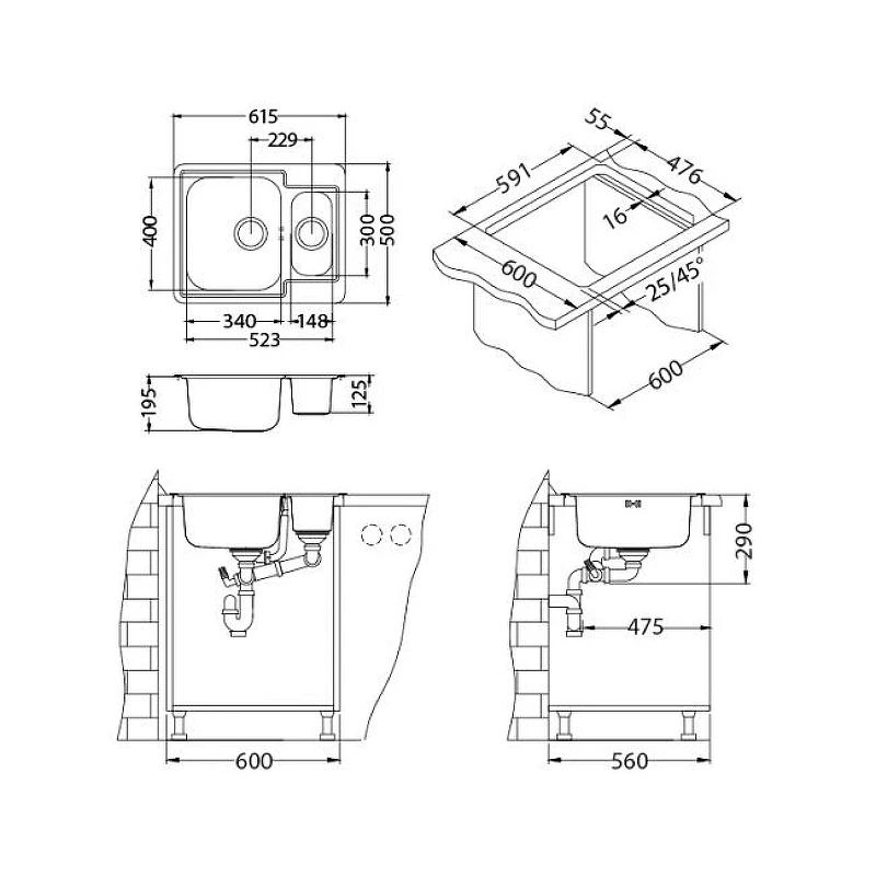 Кухонная мойка Alveus Line Maxim 50 SAT-90 615x500 1089612 Сатинированная сталь нержавеющая сталь встраиваемый