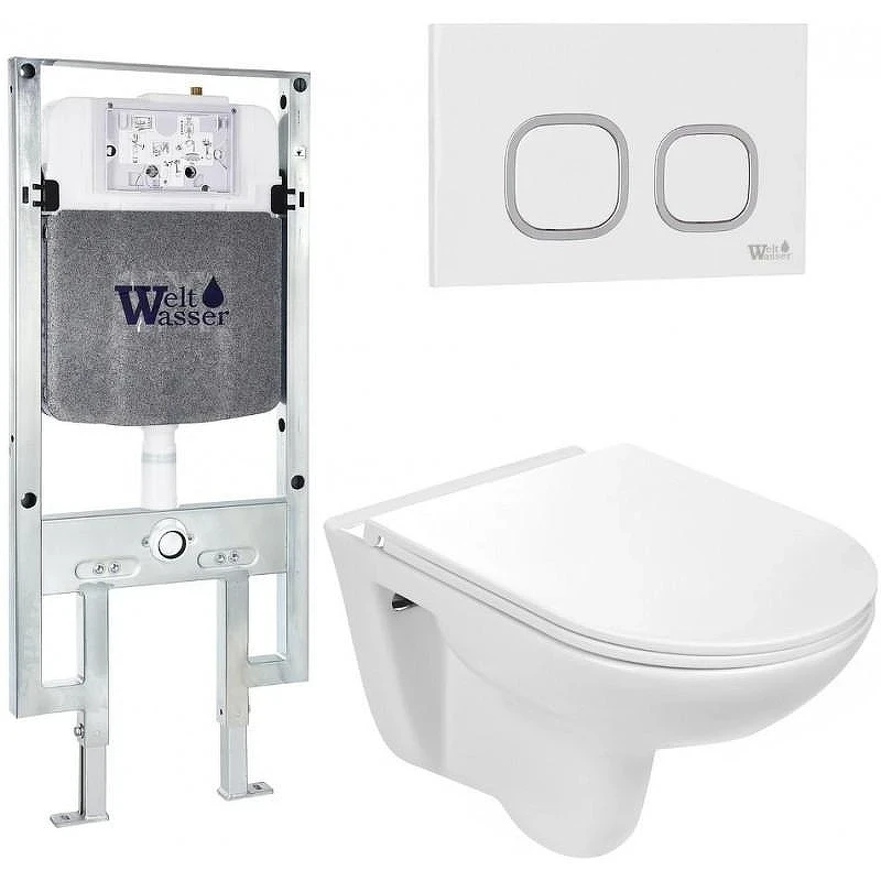 Комплект унитаза с инсталляцией WeltWasser AMBERG 497 ST + BAARBACH 004 GL-WT + AMBERG RD-WT 10000006682 цвет Белый глянцевый с сиденьем Микролифт и клавишей смыва цвет Белый