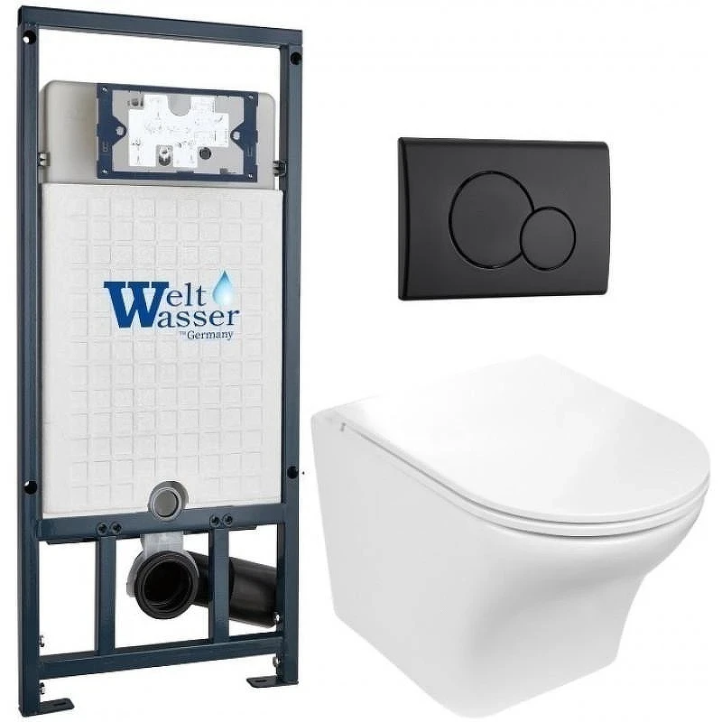 Комплект унитаза с инсталляцией WeltWasser MARBERG 507 + ODENBACH 004 GL-WT + MAR 507 RD MT-BL 10000010971 цвет Белый глянцевый с сиденьем Микролифт и клавишей смыва цвет Черный матовый