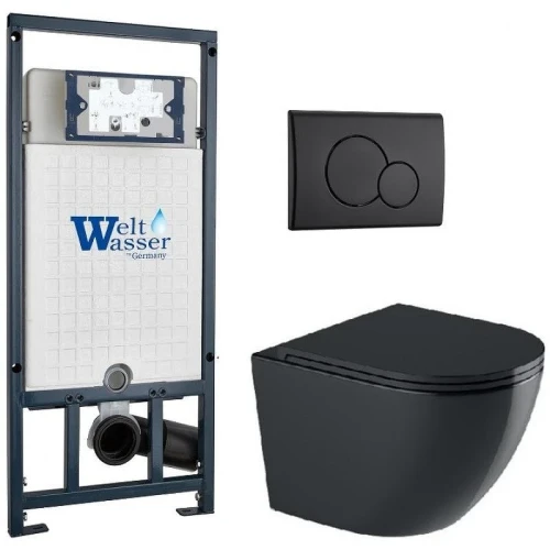 Комплект унитаза с инсталляцией WeltWasser MARBERG 507 + MERZBACH 043 GL-BL + MAR 507 RD MT-BL 10000012205 цвет Черный глянцевый с сиденьем Микролифт и клавишей смыва цвет Черный матовый
