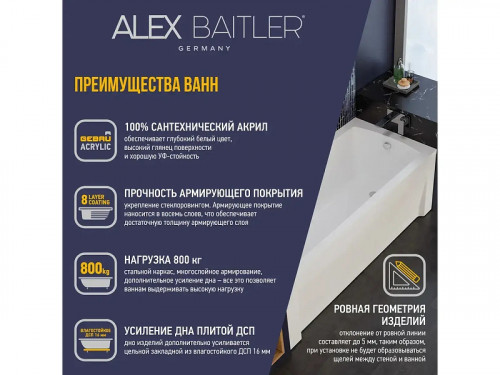 Акриловая ванна Alex Baitler Onega 150x60 цвет Белый, с каркасом KN156