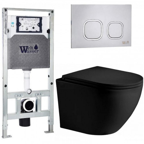 Комплект унитаза с инсталляцией WeltWasser AMBERG 506 ST + MERZBACH 043 XL MT-BL + AMBERG RD-MT CR 10000014124 цвет Черный матовый с сиденьем Микролифт и клавишей смыва цвет Хром матовый