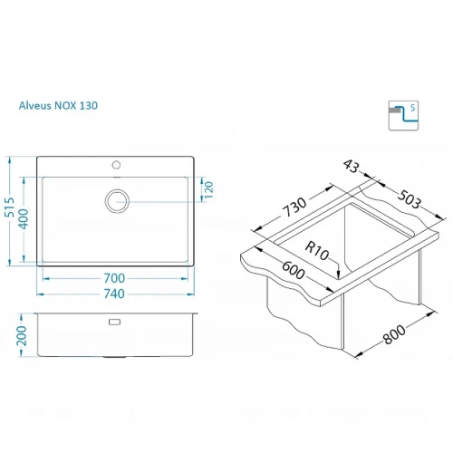 Кухонная мойка Alveus Nox 130 BRS 740x515x200 1149938 Брашированная сталь нержавеющая сталь встраиваемый
