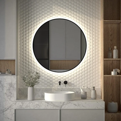 Зеркало Defesto Aura 90х90 DF 2986 с подсветкой 28W-4500K/Без выключателя/Нейтральный белый свет/Черная рама