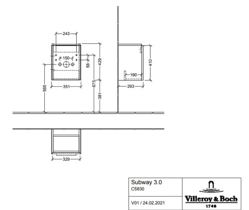 Тумба под раковину Villeroy&Boch Subway 3.0 35 C58300VQ подвесная цвет Серый кварцевый