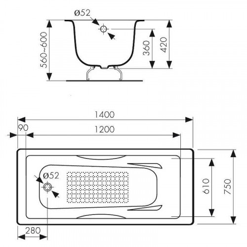 Чугунная ванна Kaiser 140х75 КВ-1701 с антискользящим покрытием