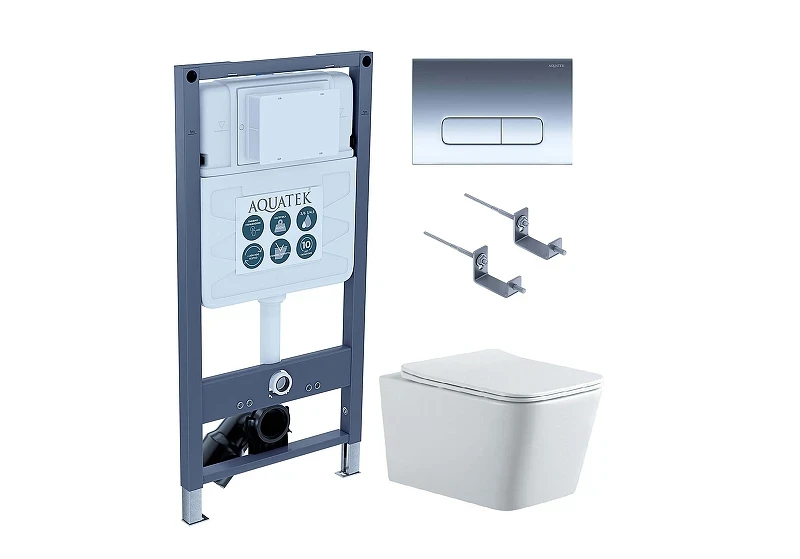 Унитаз с инсталляцией Aquatek SET AQUATEK ЛИБРА N PNS-07 4в1 цвет Белый с сиденьем Микролифт и клавишей смыва цвет Хром глянцевый