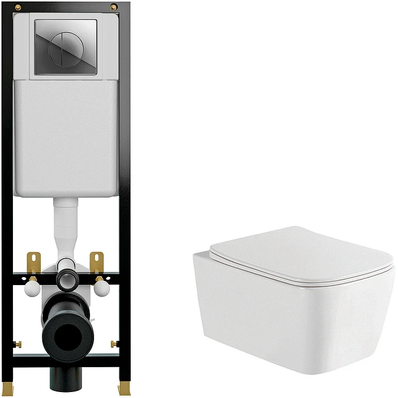 Комплект унитаза WellWant Tesoro WWU01111W с инсталляцией Cersanit Black 35 S-IN-BLACK-Cg-w с сиденьем Микролифт и клавишей смыва Хром