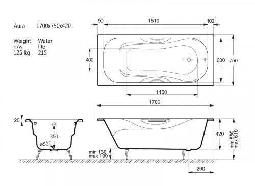 Чугунная ванна Vinsent Veron Aura 170x75 VAU1707542H/VH0015GD цвет Белый с дугообразными золотыми ручками