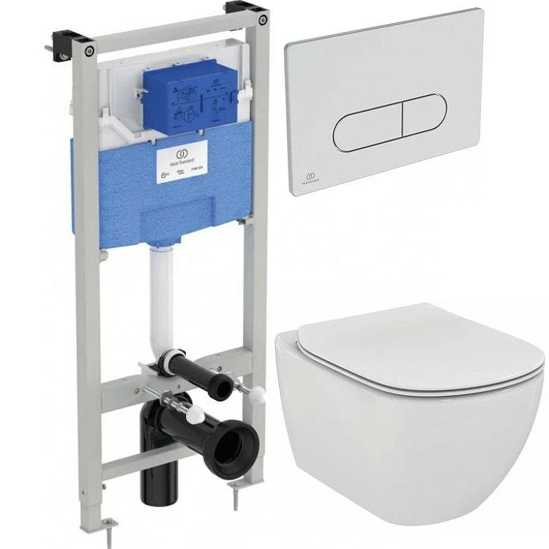 Унитаз с инсталляцией Ideal Standard Tesi P3868V1 с сиденьем Микролифт и клавишей смыва Хром