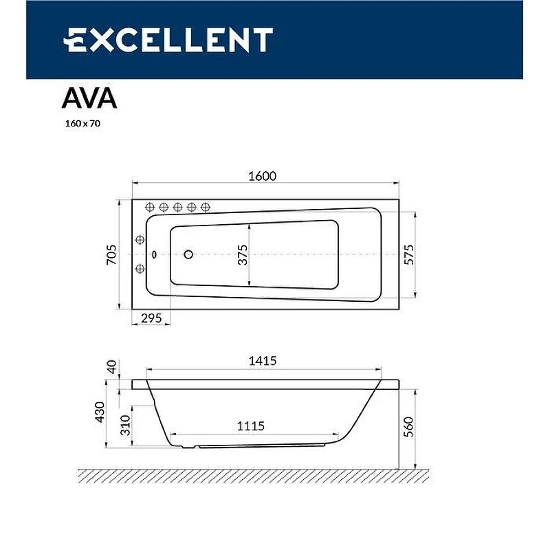 Акриловая ванна Excellent Ava 160x70 WAEX.AVA16.SOFT.WH цвет Белый с гидромассажем форсунки Белые