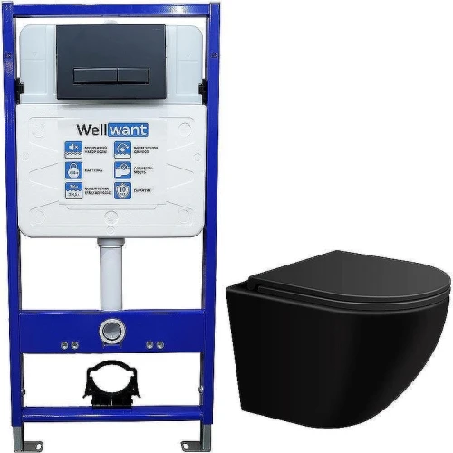 Унитаз с инсталляцией WellWant Aura WWU01122B + WellWant Standart 50 WWISI111BB с сиденьем Микролифт и Черной матовой клавишей смыва