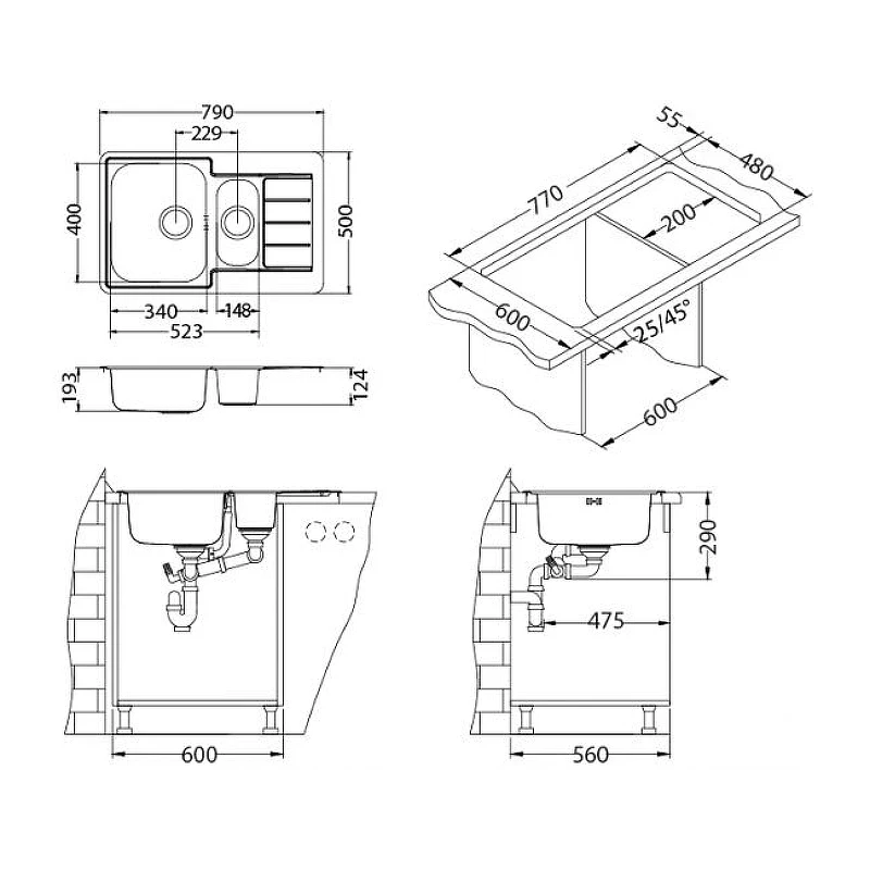 Кухонная мойка Alveus Line Maxim 70 SAT-90 790x500 1089614 Сатинированная сталь нержавеющая сталь встраиваемый