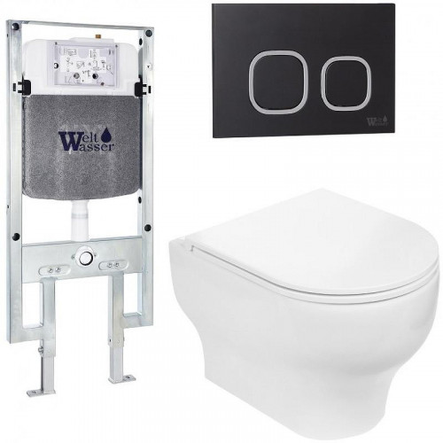 Комплект унитаза с инсталляцией WeltWasser AMBERG 497 ST + ERLENBACH 004 GL-WT + AMBERG RD-BL 10000006683 цвет Белый глянцевый с сиденьем Микролифт и клавишей смыва цвет Черный