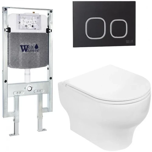 Комплект унитаза с инсталляцией WeltWasser AMBERG 497 ST + ERLENBACH 004 GL-WT + AMBERG RD-BL 10000006683 цвет Белый глянцевый с сиденьем Микролифт и клавишей смыва цвет Черный