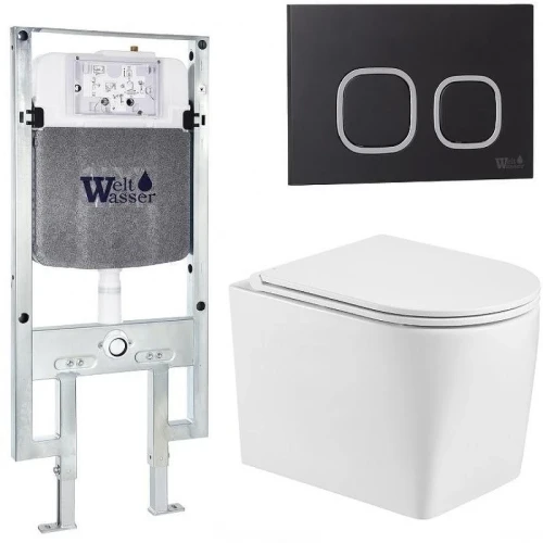 Комплект унитаза с инсталляцией WeltWasser AMBERG 497 ST + NESENBACH 004 GL-WT + AMBERG RD-BL 10000008928 цвет Белый глянцевый с сиденьем Микролифт и клавишей смыва цвет Черный