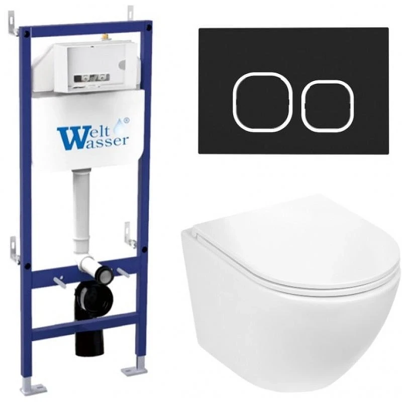 Комплект унитаза с инсталляцией WeltWasser BAMBERG 460 + MERZBACH 043 GL-WT + BAMBERG BL 10000012891 цвет Белый глянцевый с сиденьем Микролифт и клавишей смыва цвет Черный