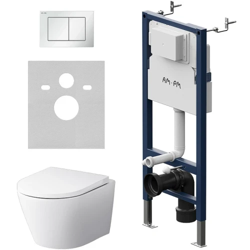Комплект унитаза с инсталляцией AM.PM Sense FlashClean IS90201.741701 с сиденьем Микролифт и Белой глянцевой клавишей смыва фарфор подвесной
