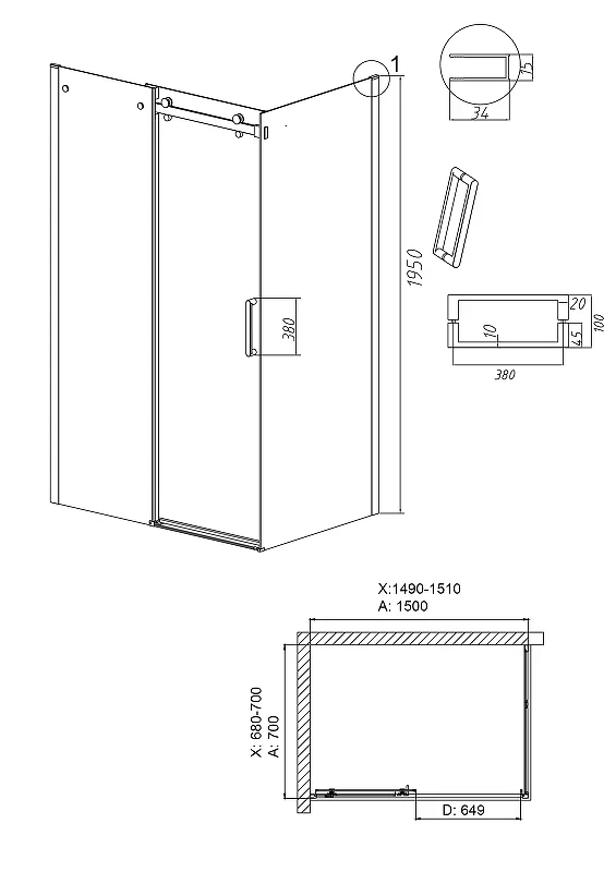 Душевой уголок Grossman Classic 150x70 120.K33.04.1570.21.10 профиль Черный матовый стекло тонированное