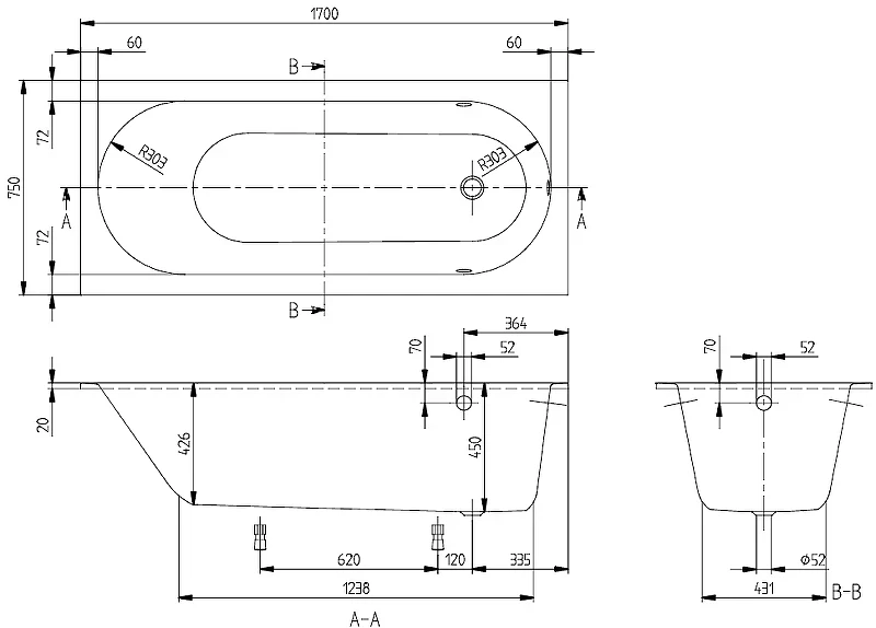 Квариловая ванна Villeroy&Boch Oberon 170x75 UBQ170OBE2V-01 без гидромассажа