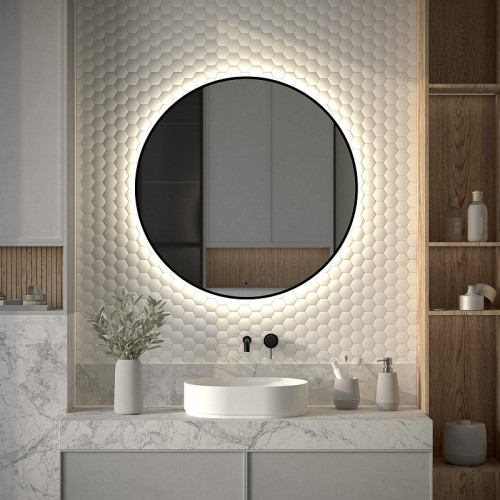 Зеркало Defesto Aura 90х90 DF 2986R с подсветкой 28W-4500K/ИК - выключатель/Нейтральный белый свет/Черная рама