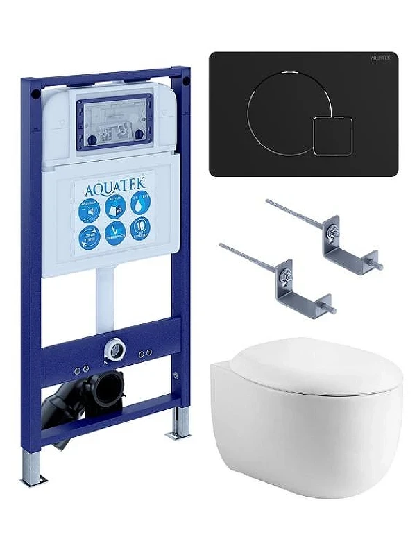 Комплект унитаза с инсталляцией Aquatek Set Aquatek Альтаир cm-069 4в1 цвет Белый с сиденьем Микролифт и клавишей смыва цвет Черный матовый