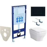 Комплект унитаза с инсталляцией Aquatek Set Aquatek Амадео cm-012 4в1 с сиденьем Микролифт и Черной матовой клавишей смыва фарфор подвесной